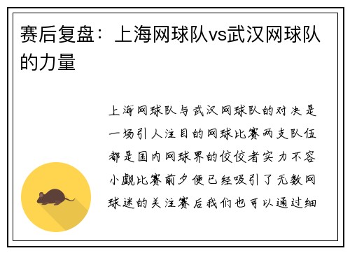 赛后复盘：上海网球队vs武汉网球队的力量