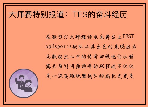 大师赛特别报道：TES的奋斗经历